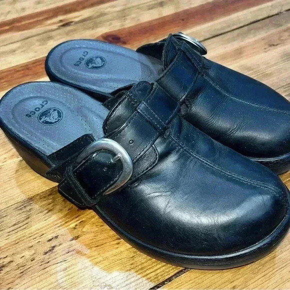 Crocs Mules Clogs Slide in shoes leather black with buckle - Picture 8 of 9